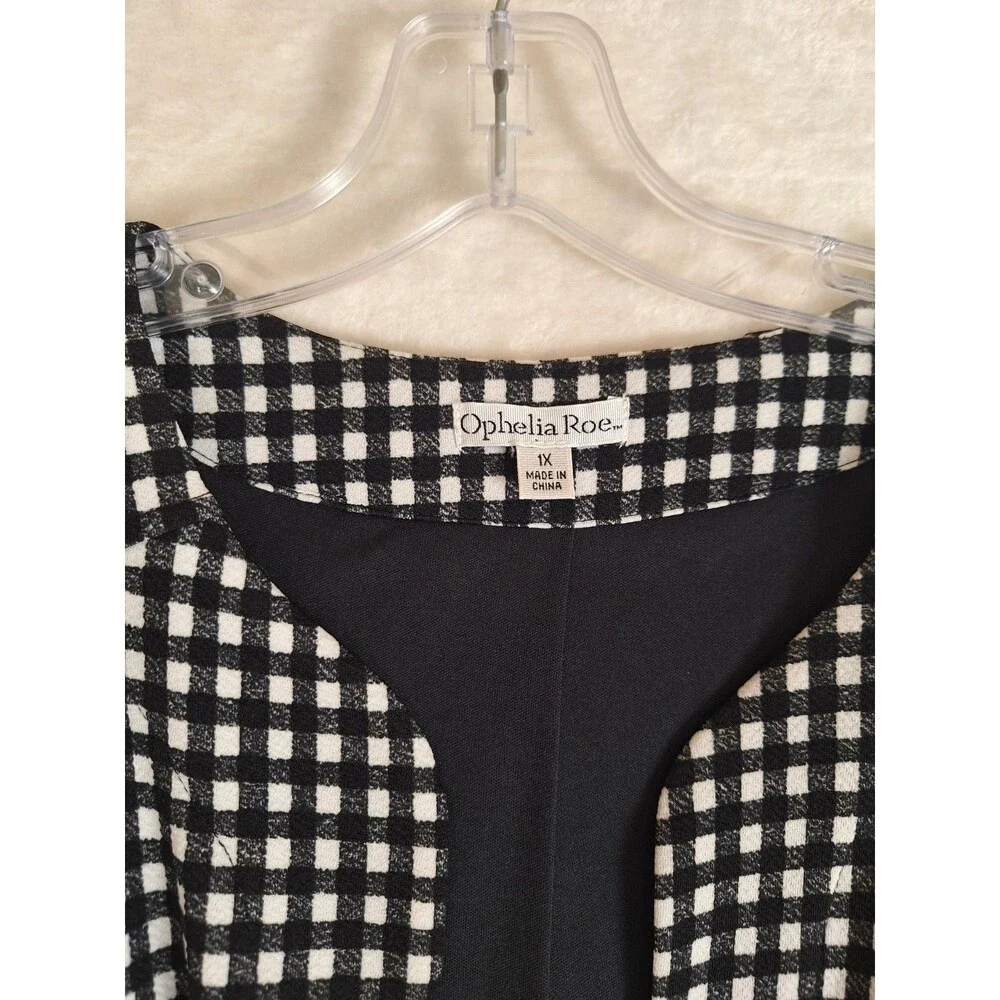 Ophelia Roe Women's 1X Open Front Blazer Jacket Black White Plaid Check Pockets